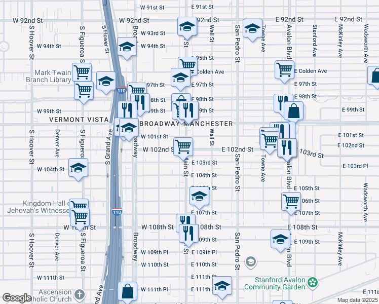 map of restaurants, bars, coffee shops, grocery stores, and more near 10206 South Main Street in Los Angeles