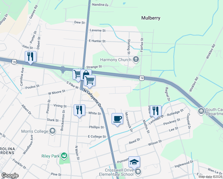 map of restaurants, bars, coffee shops, grocery stores, and more near 120 East Moore Street in Sumter