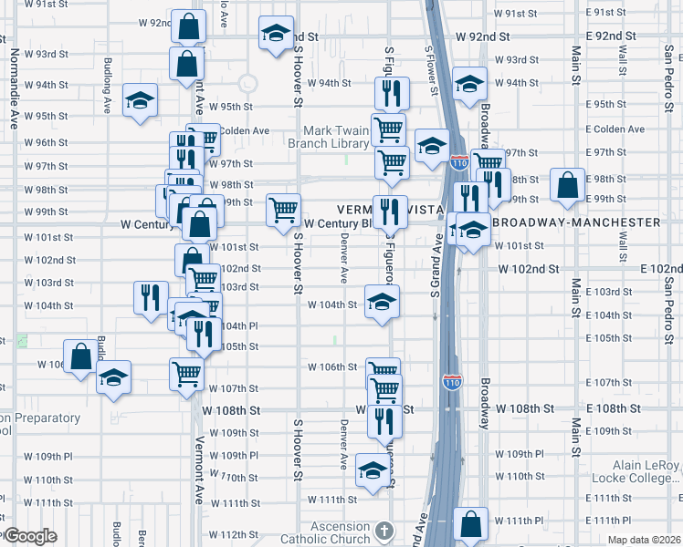 map of restaurants, bars, coffee shops, grocery stores, and more near 600 West 102nd Street in Los Angeles