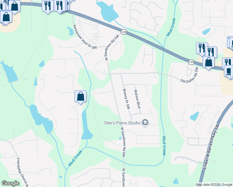 map of restaurants, bars, coffee shops, grocery stores, and more near 409 West Sandtown Road Southwest in Marietta