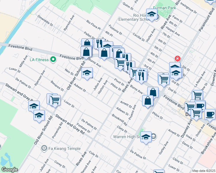 map of restaurants, bars, coffee shops, grocery stores, and more near 7649 Arnett Street in Downey