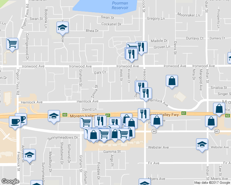 map of restaurants, bars, coffee shops, grocery stores, and more near 23778 Hemlock Avenue in Moreno Valley