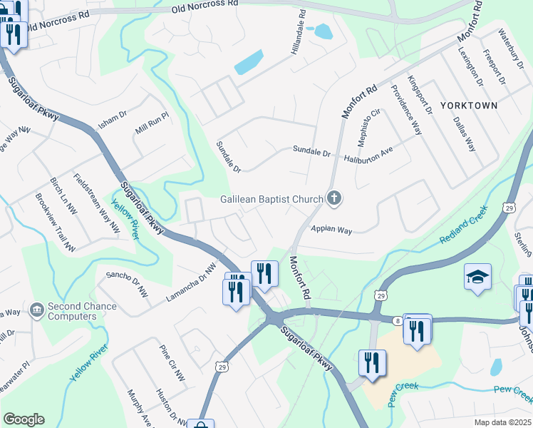map of restaurants, bars, coffee shops, grocery stores, and more near 367 Rockland Way in Lawrenceville