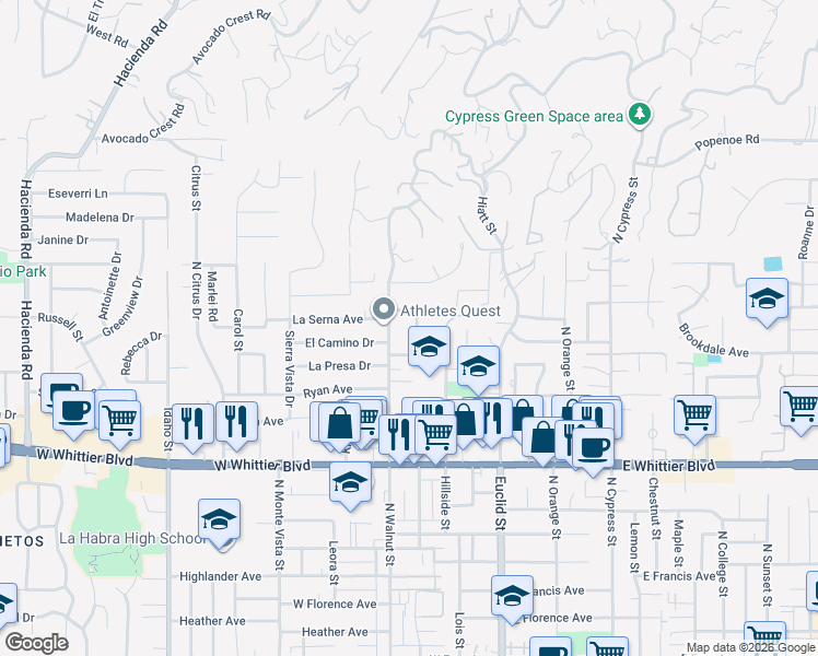 map of restaurants, bars, coffee shops, grocery stores, and more near 1121 Urell Drive in La Habra