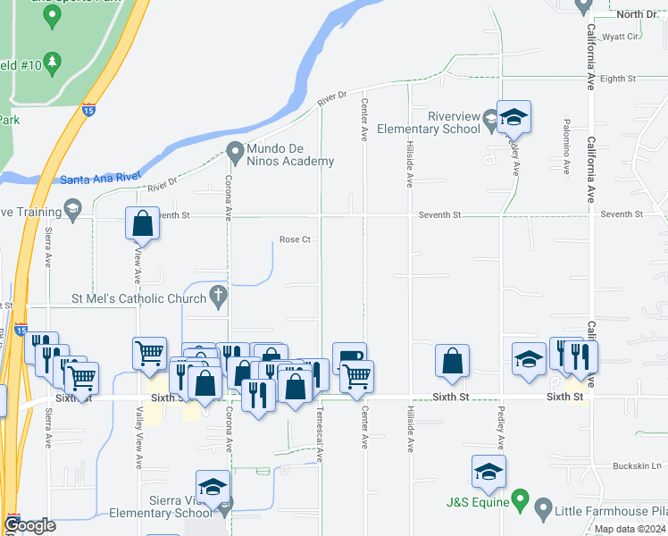 map of restaurants, bars, coffee shops, grocery stores, and more near 4255 Temescal Avenue in Norco
