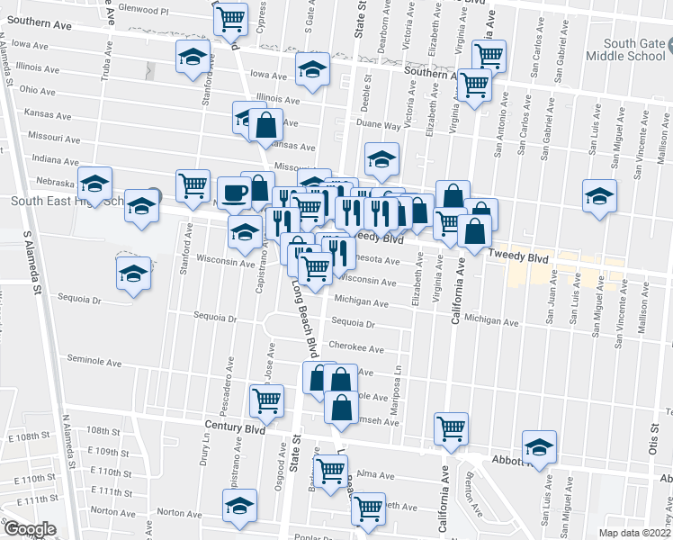 map of restaurants, bars, coffee shops, grocery stores, and more near 10054 State Street in Lynwood