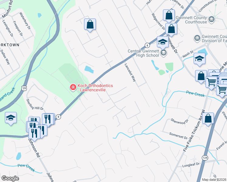 map of restaurants, bars, coffee shops, grocery stores, and more near 40 Hanarry Drive in Lawrenceville