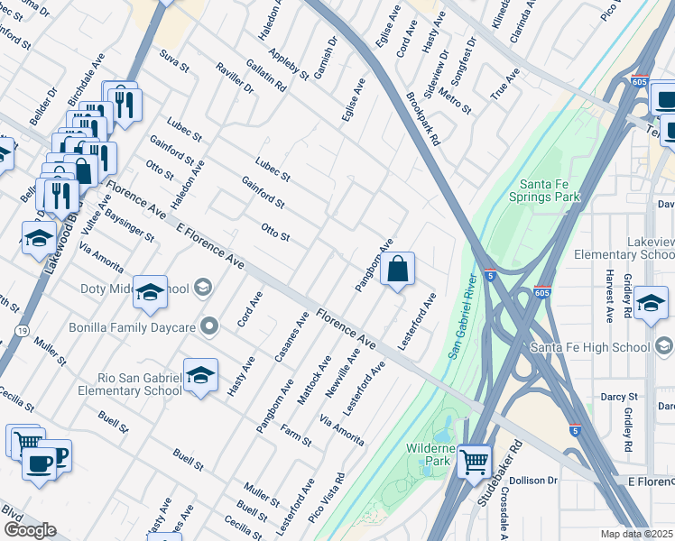 map of restaurants, bars, coffee shops, grocery stores, and more near 10009 Casanes Avenue in Downey