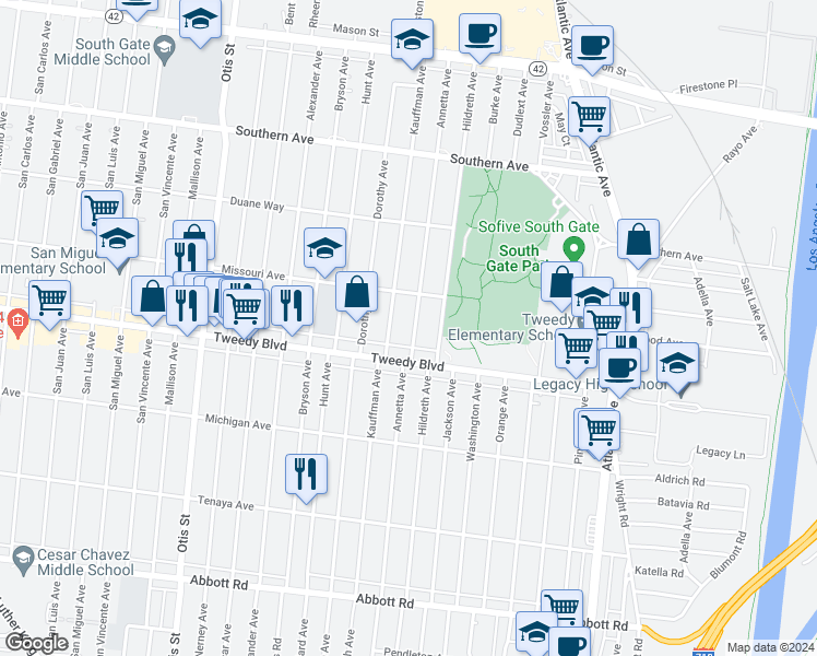 map of restaurants, bars, coffee shops, grocery stores, and more near 9807 Annetta Avenue in South Gate