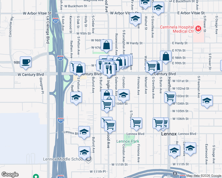 map of restaurants, bars, coffee shops, grocery stores, and more near 10205 Dalerose Avenue in Inglewood