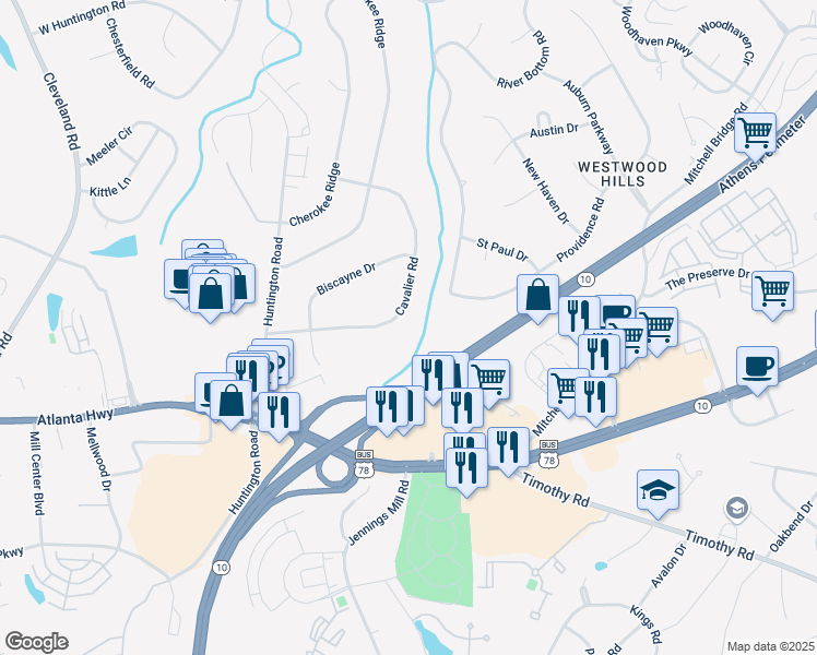 map of restaurants, bars, coffee shops, grocery stores, and more near 256 Cavalier Road in Athens