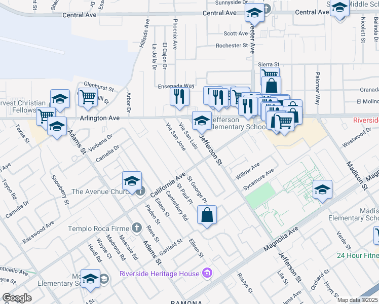 map of restaurants, bars, coffee shops, grocery stores, and more near 4249 Via San Jose in Riverside