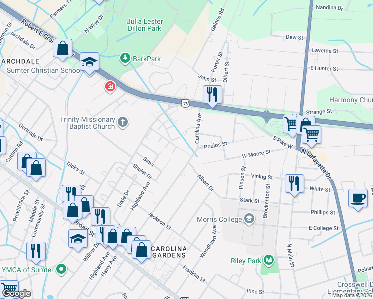 map of restaurants, bars, coffee shops, grocery stores, and more near 1 Short Street in Sumter