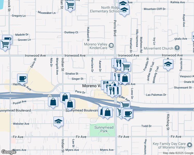 map of restaurants, bars, coffee shops, grocery stores, and more near 12201 Orchid Lane in Moreno Valley