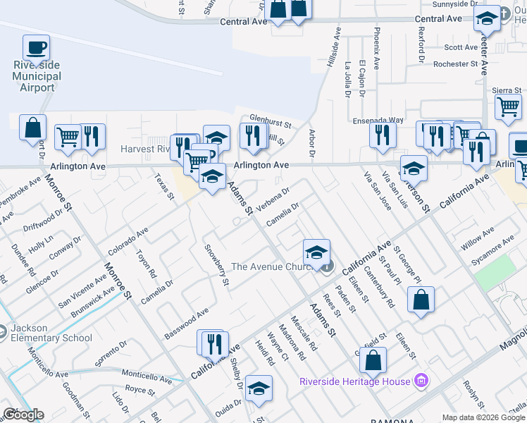 map of restaurants, bars, coffee shops, grocery stores, and more near 8276 Verbena Drive in Riverside