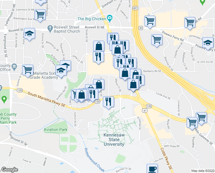 map of restaurants, bars, coffee shops, grocery stores, and more near 356 Bell Street Southeast in Marietta