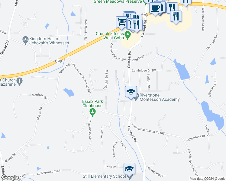 map of restaurants, bars, coffee shops, grocery stores, and more near 370 Fenbrook Way Southwest in Marietta