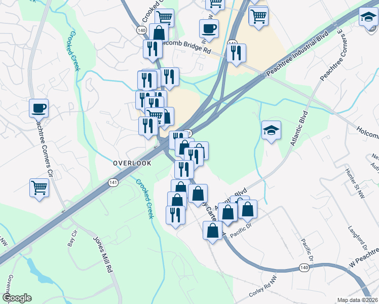 map of restaurants, bars, coffee shops, grocery stores, and more near 6925 Jimmy Carter Boulevard in Norcross