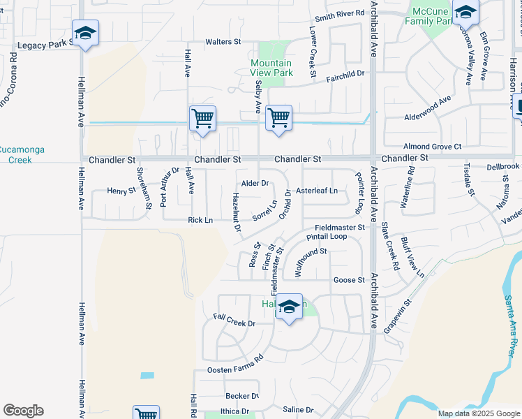 map of restaurants, bars, coffee shops, grocery stores, and more near 7955 Sorrel Lane in Eastvale