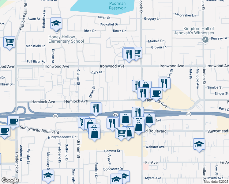 map of restaurants, bars, coffee shops, grocery stores, and more near 23778 Hemlock Avenue in Moreno Valley
