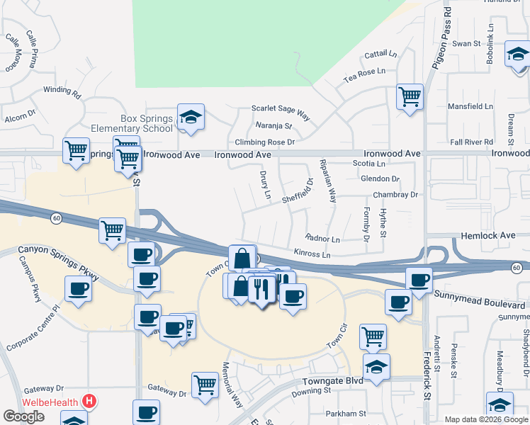 map of restaurants, bars, coffee shops, grocery stores, and more near 22385 Sheffield Drive in Moreno Valley
