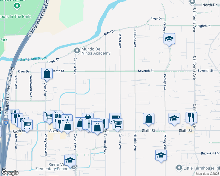 map of restaurants, bars, coffee shops, grocery stores, and more near 4255 Temescal Avenue in Norco