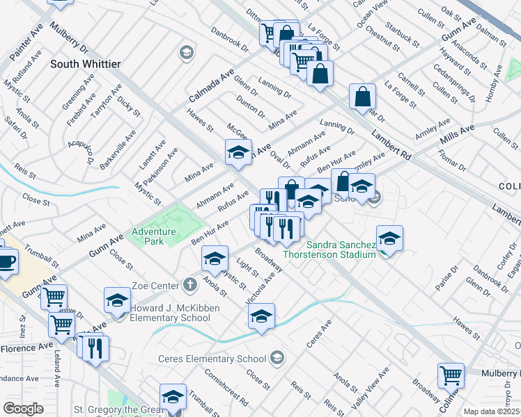 map of restaurants, bars, coffee shops, grocery stores, and more near 9 Dicky Street in Whittier