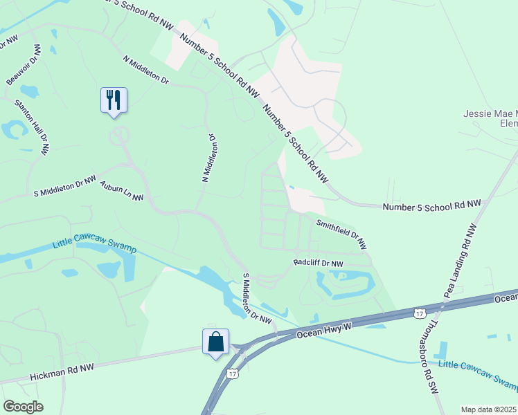 map of restaurants, bars, coffee shops, grocery stores, and more near 8841 Smithfield Drive Northwest in Calabash