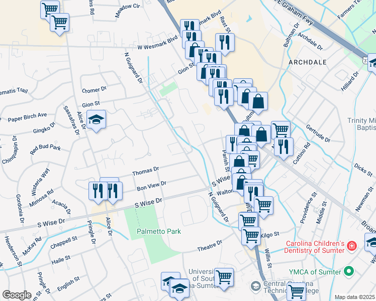map of restaurants, bars, coffee shops, grocery stores, and more near 1004 North Guignard Drive in Sumter