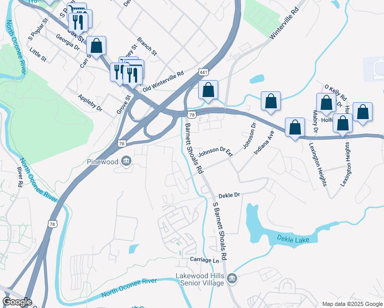map of restaurants, bars, coffee shops, grocery stores, and more near 215 Johnson Drive Extension in Athens