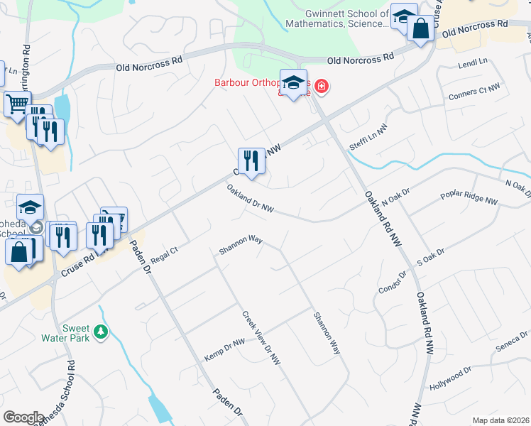 map of restaurants, bars, coffee shops, grocery stores, and more near 781 Oakland Falls Court in Lawrenceville