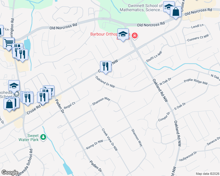 map of restaurants, bars, coffee shops, grocery stores, and more near 791 Oakland Falls Court in Lawrenceville
