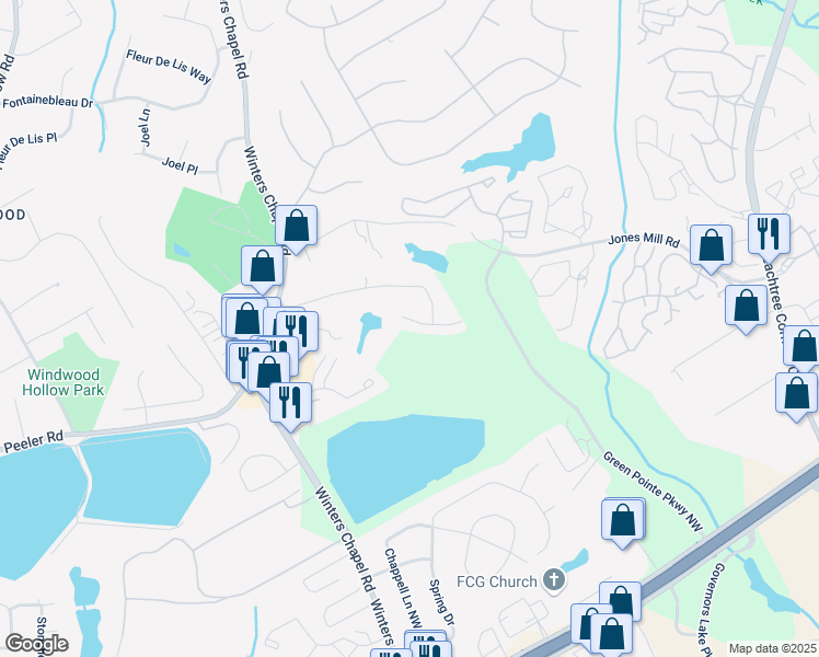 map of restaurants, bars, coffee shops, grocery stores, and more near 6974 Clearlake Court in Doraville