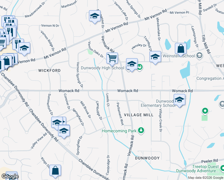 map of restaurants, bars, coffee shops, grocery stores, and more near 1709 Womack Road in Dunwoody