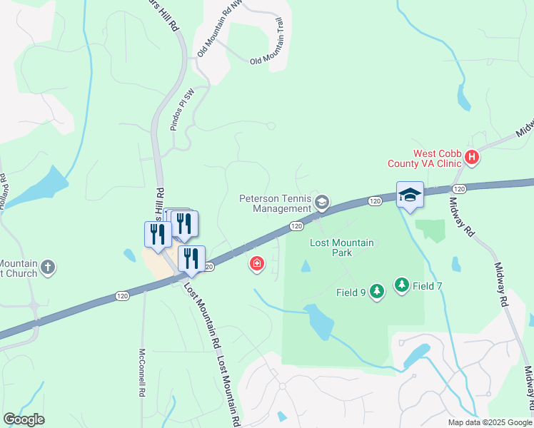 map of restaurants, bars, coffee shops, grocery stores, and more near 462 Schofield Drive in Powder Springs