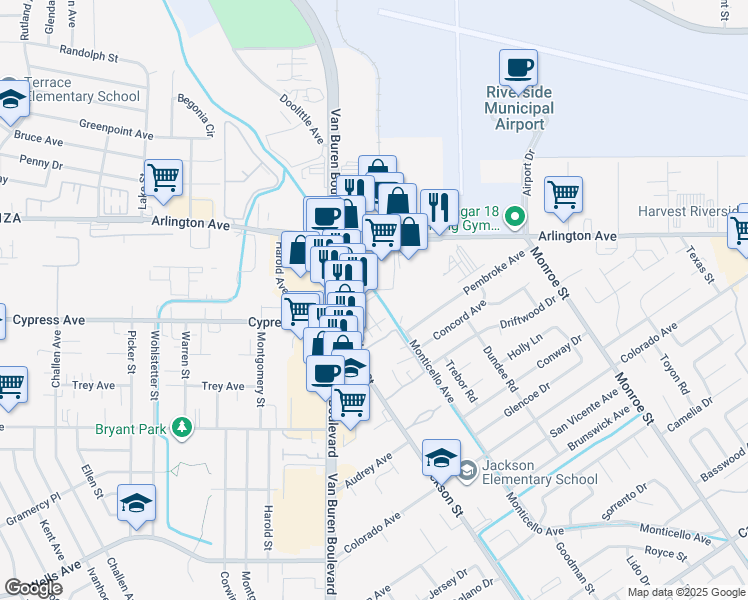 map of restaurants, bars, coffee shops, grocery stores, and more near 6191 Van Buren Boulevard in Riverside