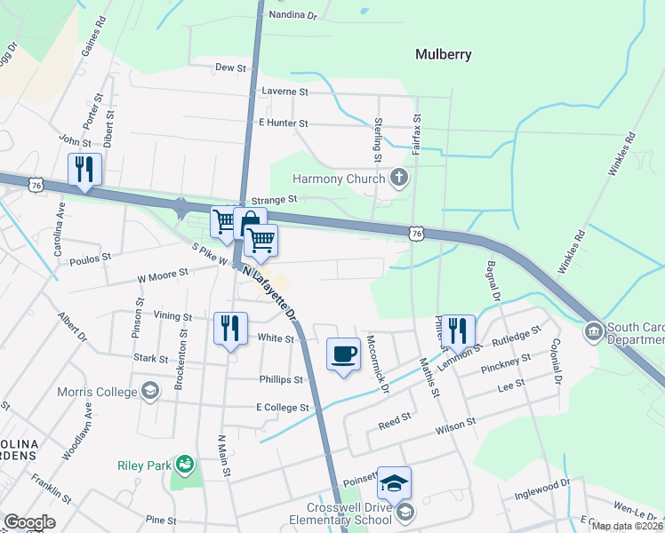 map of restaurants, bars, coffee shops, grocery stores, and more near 120 East Moore Street in Sumter