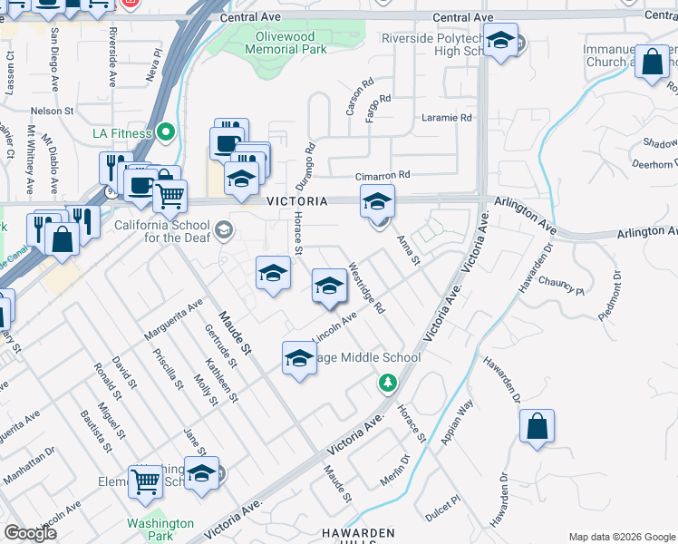 map of restaurants, bars, coffee shops, grocery stores, and more near 2966 Westridge Road in Riverside