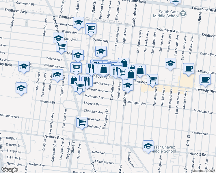 map of restaurants, bars, coffee shops, grocery stores, and more near 3352 Minnesota Avenue in South Gate