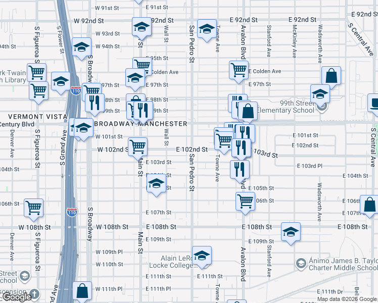 map of restaurants, bars, coffee shops, grocery stores, and more near 232 East 102nd Street in Los Angeles