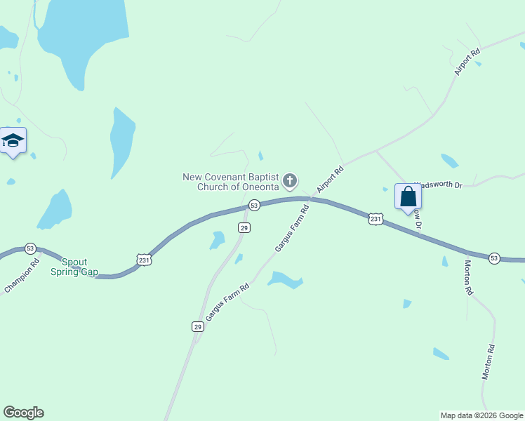 map of restaurants, bars, coffee shops, grocery stores, and more near 51485 U.S. 231 in Oneonta