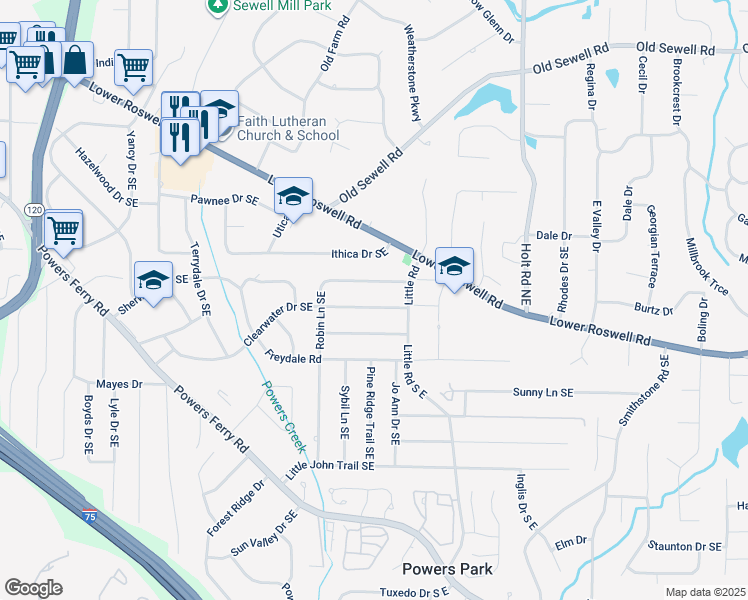 map of restaurants, bars, coffee shops, grocery stores, and more near 2349 Clearwater Drive Southeast in Marietta