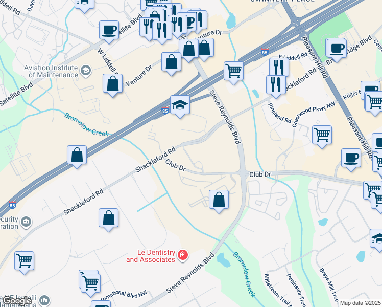 map of restaurants, bars, coffee shops, grocery stores, and more near 3950 Shackleford Road in Duluth