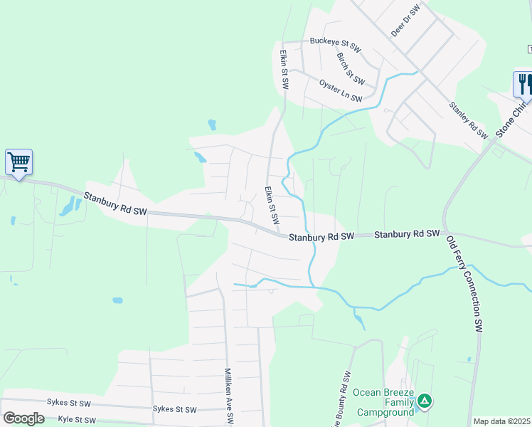 map of restaurants, bars, coffee shops, grocery stores, and more near 2561 Elkin Street Southwest in Brunswick County