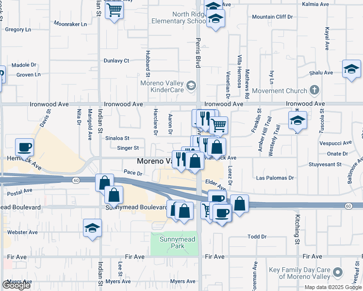 map of restaurants, bars, coffee shops, grocery stores, and more near 12198 Orchid Lane in Moreno Valley