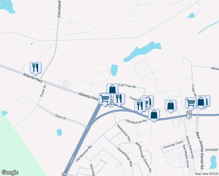 map of restaurants, bars, coffee shops, grocery stores, and more near 109 Tall Tree Road in Bogart