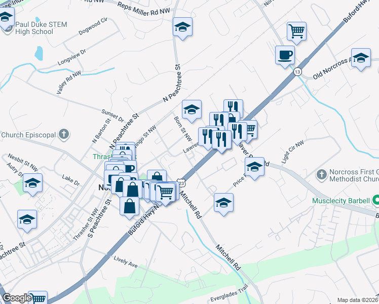 map of restaurants, bars, coffee shops, grocery stores, and more near 5595 Winter Oak Way in Norcross