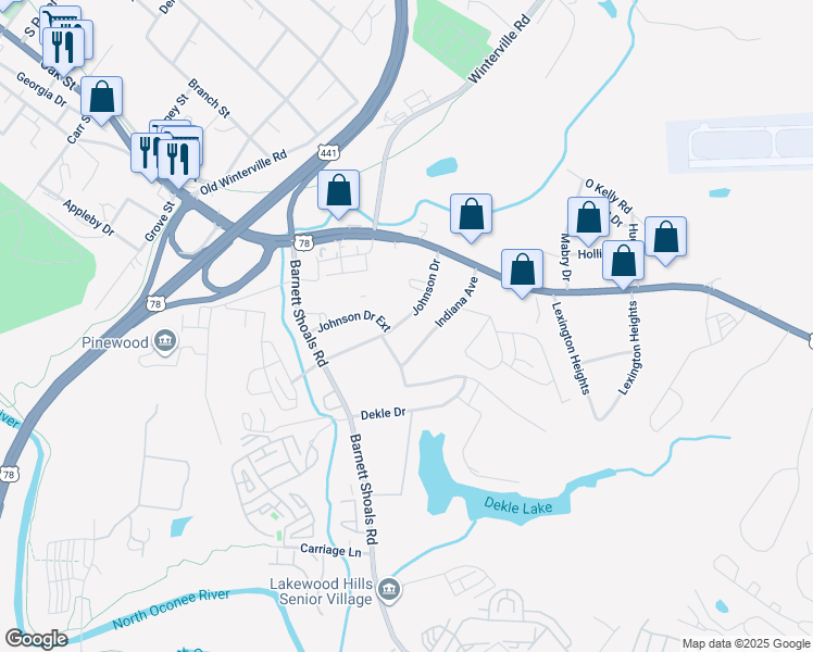 map of restaurants, bars, coffee shops, grocery stores, and more near 175 Johnson Drive in Athens