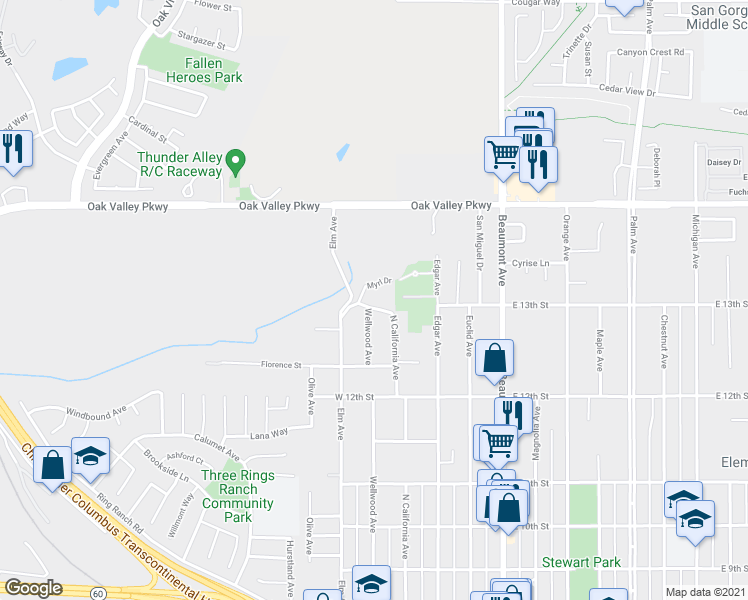map of restaurants, bars, coffee shops, grocery stores, and more near 1292 North California Avenue in Beaumont