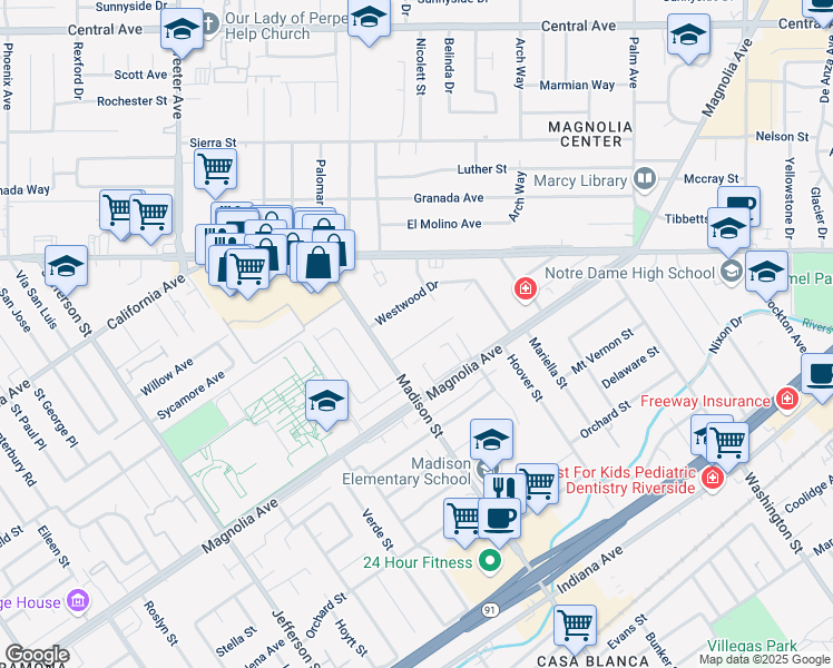 map of restaurants, bars, coffee shops, grocery stores, and more near 7439 Kingsley Way in Riverside